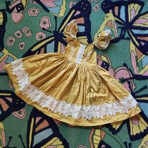 Girls' Mustard Yellow Lace-Trim Party Dress